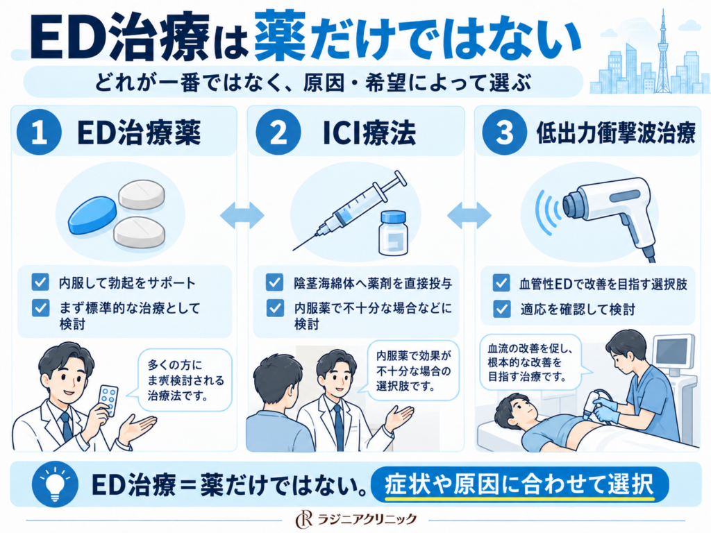 ED治療薬・ICI療法・低出力衝撃波治療の違い